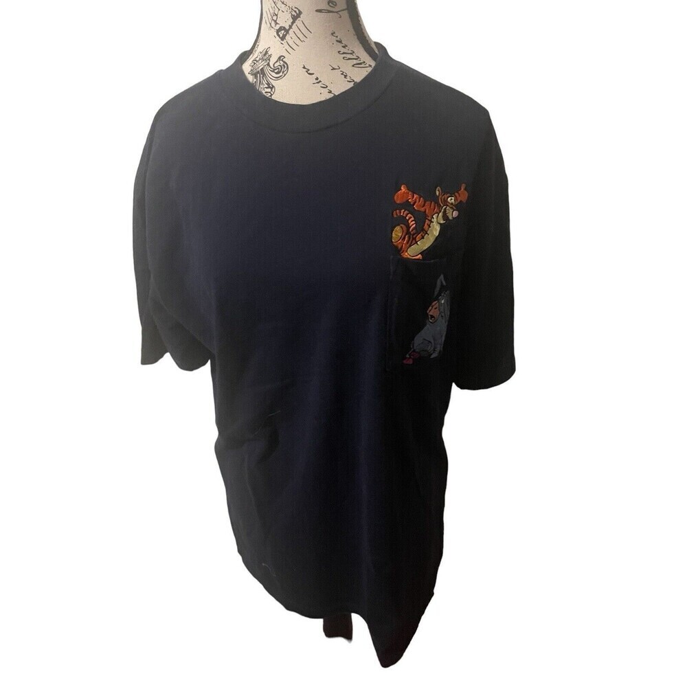 VINTAGE Disney Eeyore & Tigger Embroidered Pocket T-Shirt SZ Large Blue Adult